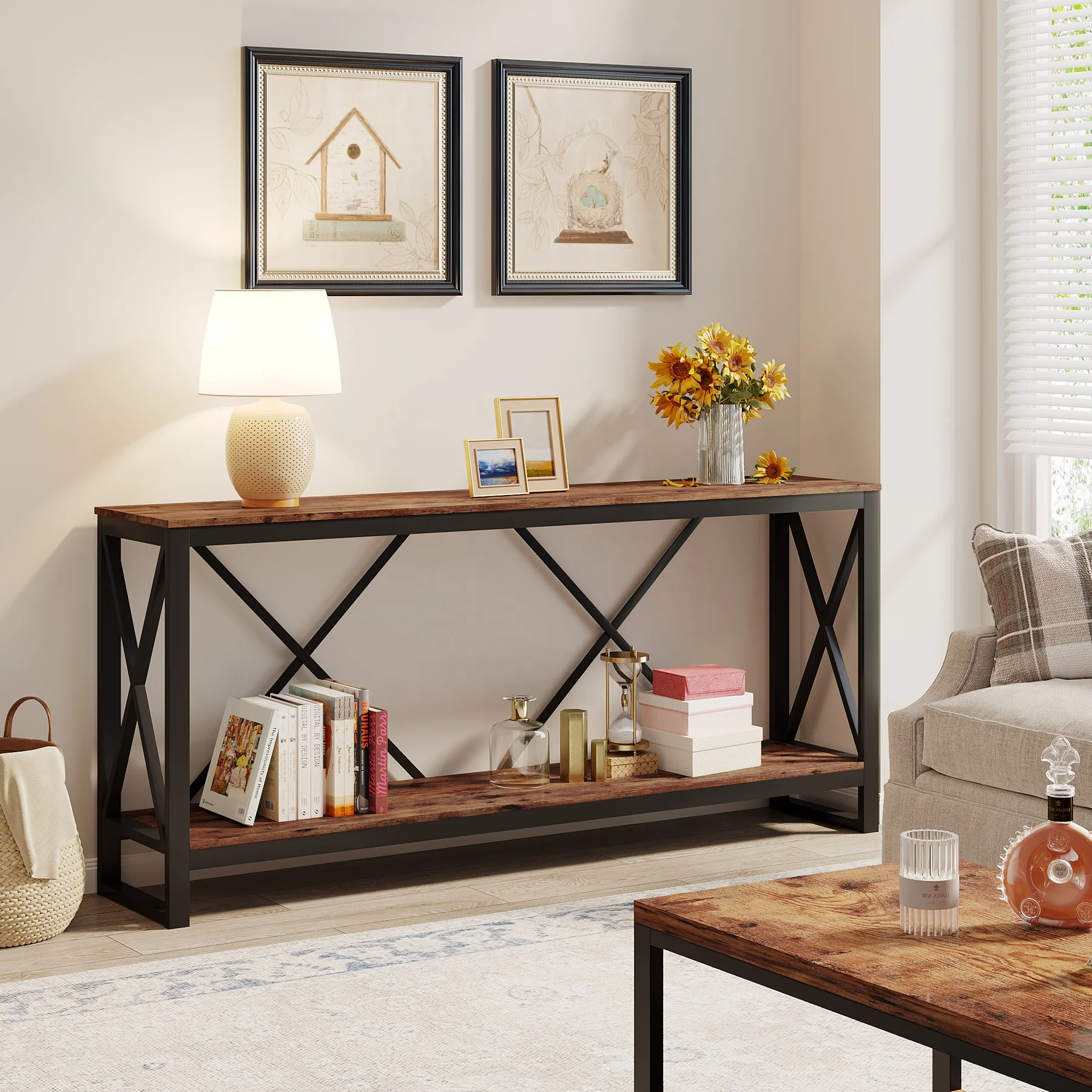 Tribesigns Industrial Long and Narrow Console Table with 2 Open Display and Storage Shelves for Living Room Furniture