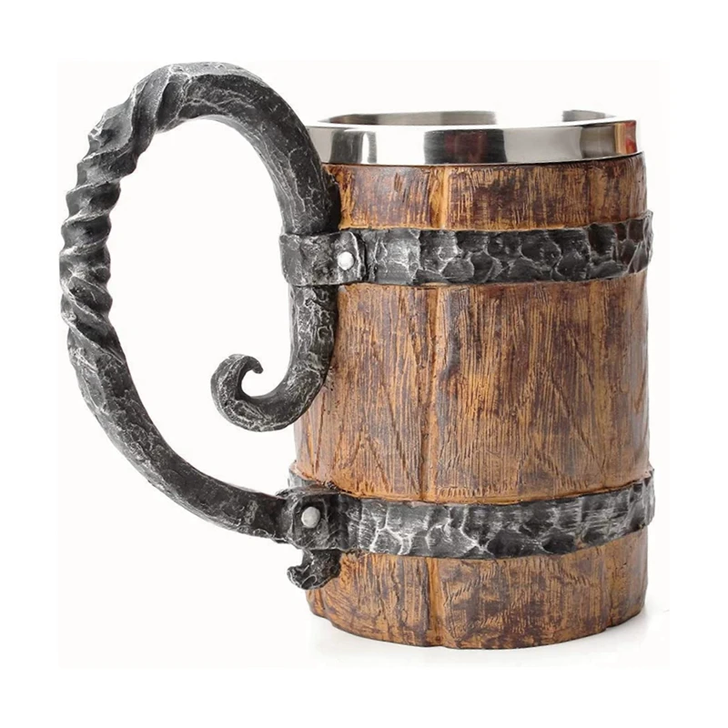 Antique Barrel 550ML Viking Drinking Cup Stainless Handmade Wood Style Beer Mug