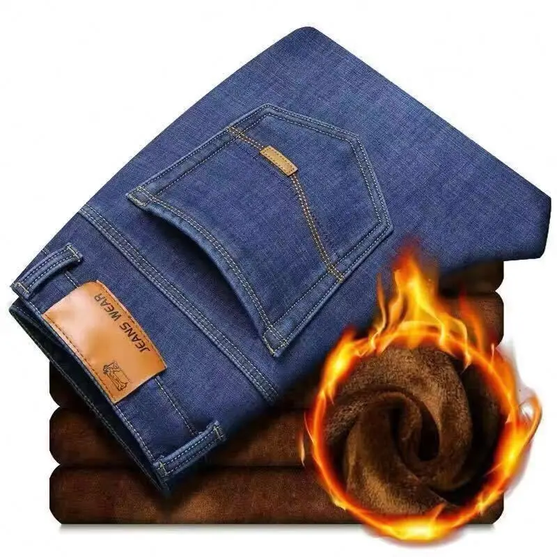 8230762 Autumn Winter Warm Jeans for Men Straight Plus Velvet Thick Denim Trousers Stretchy Casual Long Pants