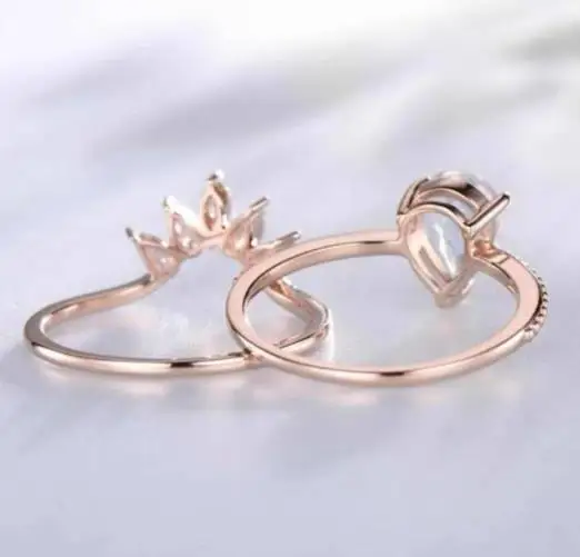 Rose Gold Plated Dainty Zirconia CZ Pear Cut Moonstone Engagement Band Ring Set 925 Sterling Silver Natural Moonstone Ring Set