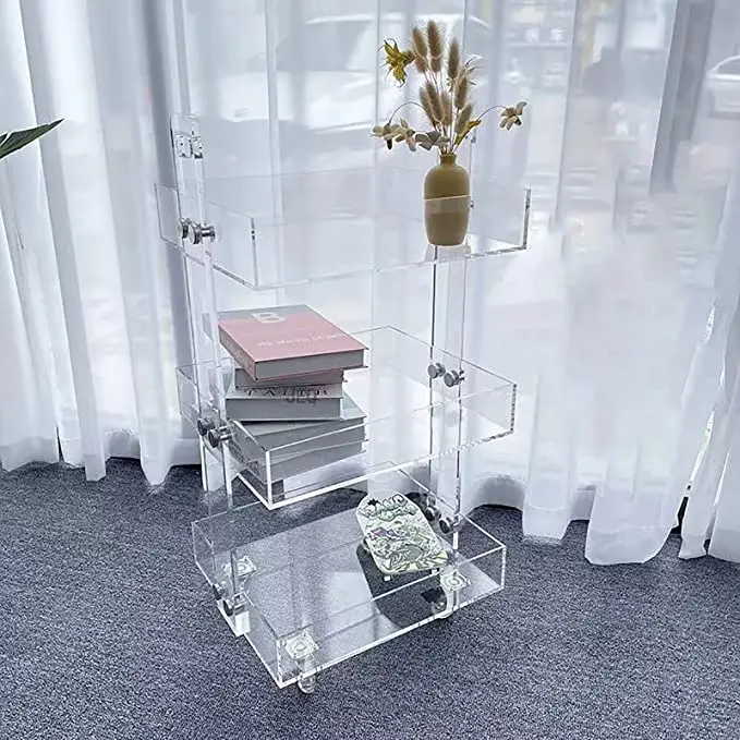 Acrylic 3-Tier Bar Cart with Wheels Sofa Side Table Acrylic Bedside Table with Wheels Clear Storage Rolling cart Table Storage