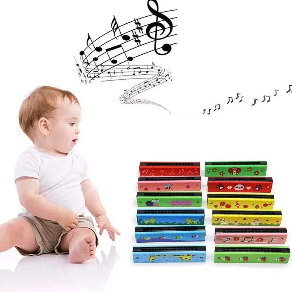 Wooden Harmonica for Children Toys Musical Instruments 16 Holes Double-Row Cartoon Painted  Woodwind Harmonica Melodica