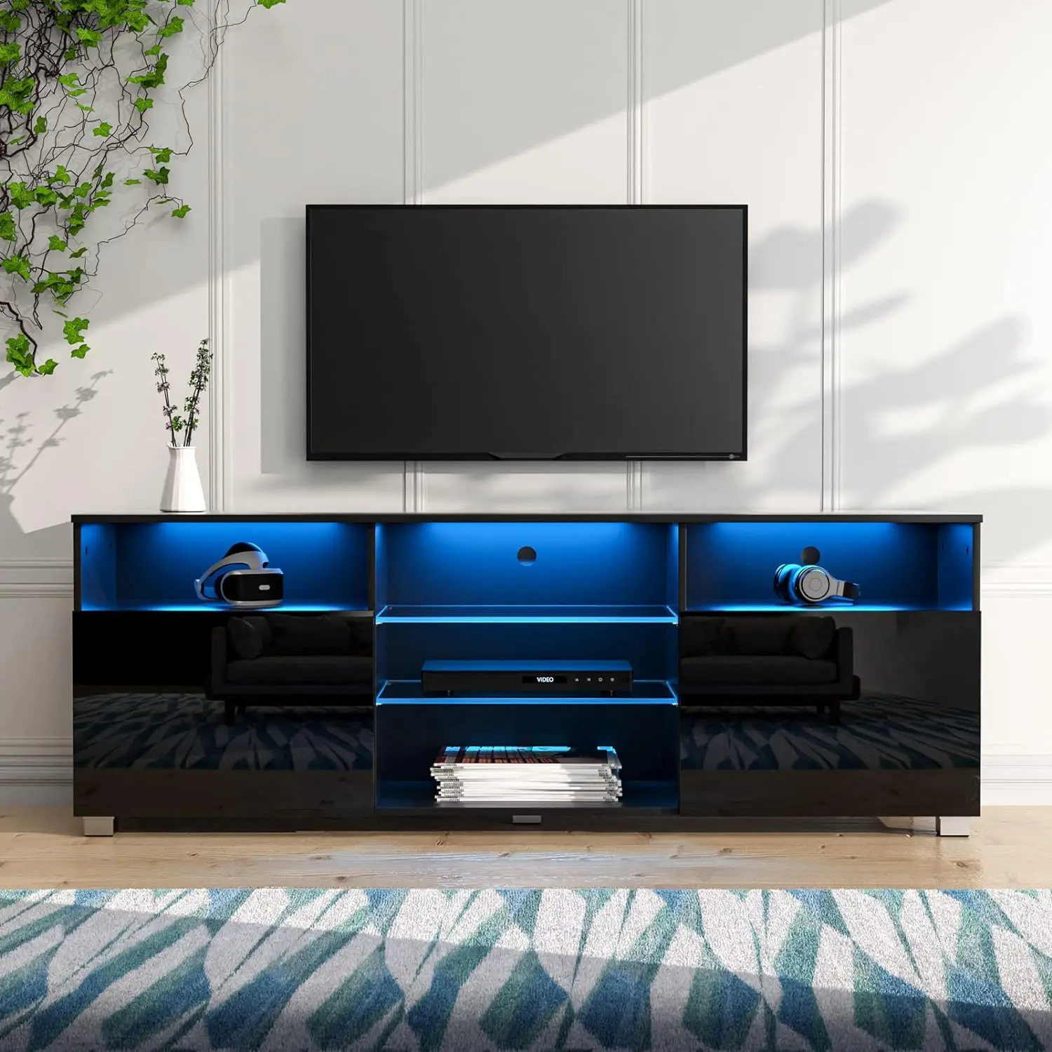 LED Stand for 65 inch TVs, Modern Stand with LED Lights  High Glossy Cabinets Console Entertainment Center with Storage Shelves