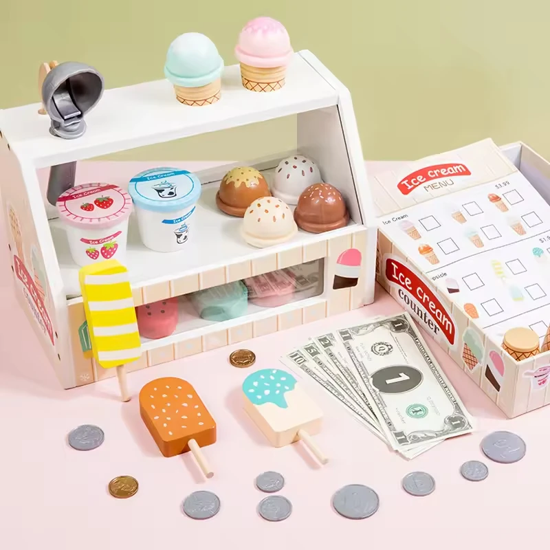 Ice Cream Counter play set for Kids Montessori Pretend Play Food Toys Kitchen Wooden Popsicle Set with Scoop & Cash Ice Cream