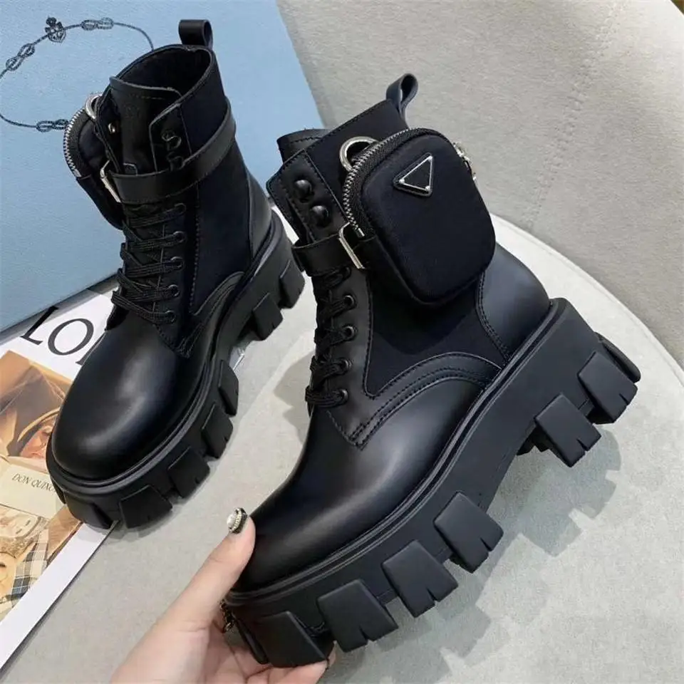 Designer Italy women Monolith brushed rois leather and nylon boot military inspired Removable strap with nylon pouch Rubber sole