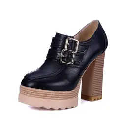 New Round Head Waterproof Platform Buckle Thick Heels Pumps