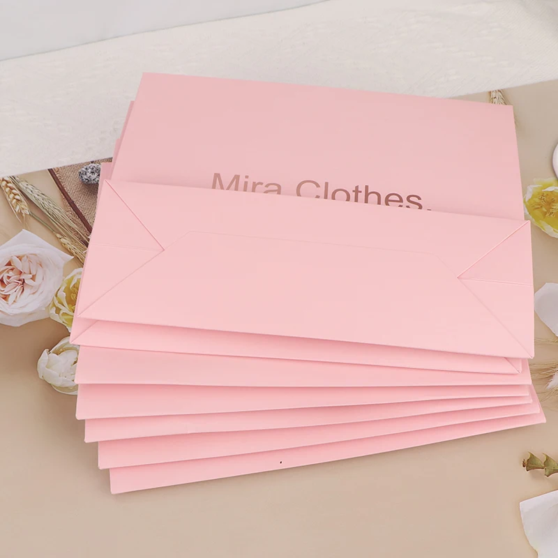 wholesale customize printed logo pink paper packaging bag with ribbon luxury paper bags