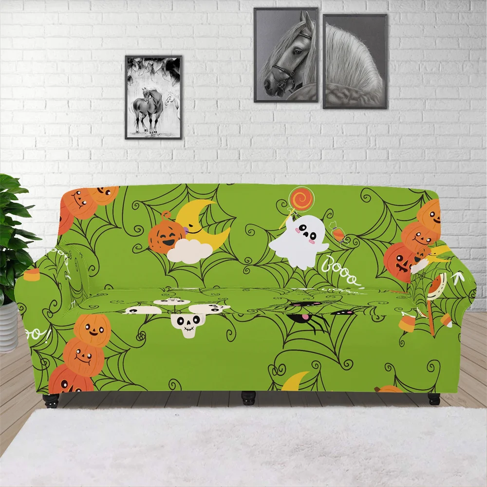 Wholesale Polyester Protect Couch Sofa Cover Green Pumpkin Ghost Pattern Halloween Print Custom Sofa Cover Set 3 Seater 2 Seater
