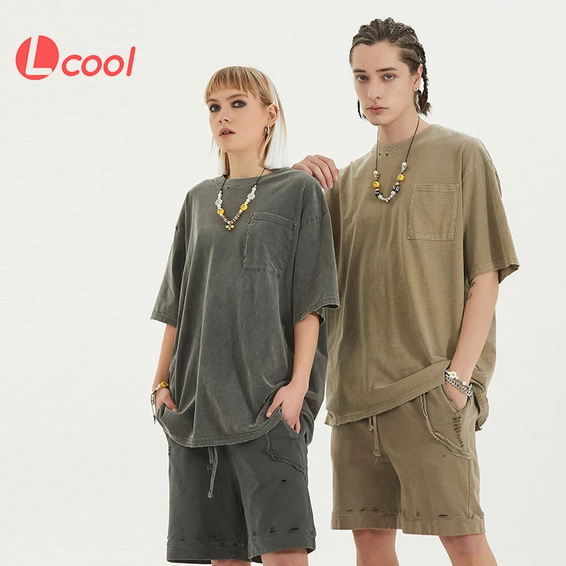 Lcool custom streetwear t shirt blank heavyweight washed oversize shorts sets men t shirt set