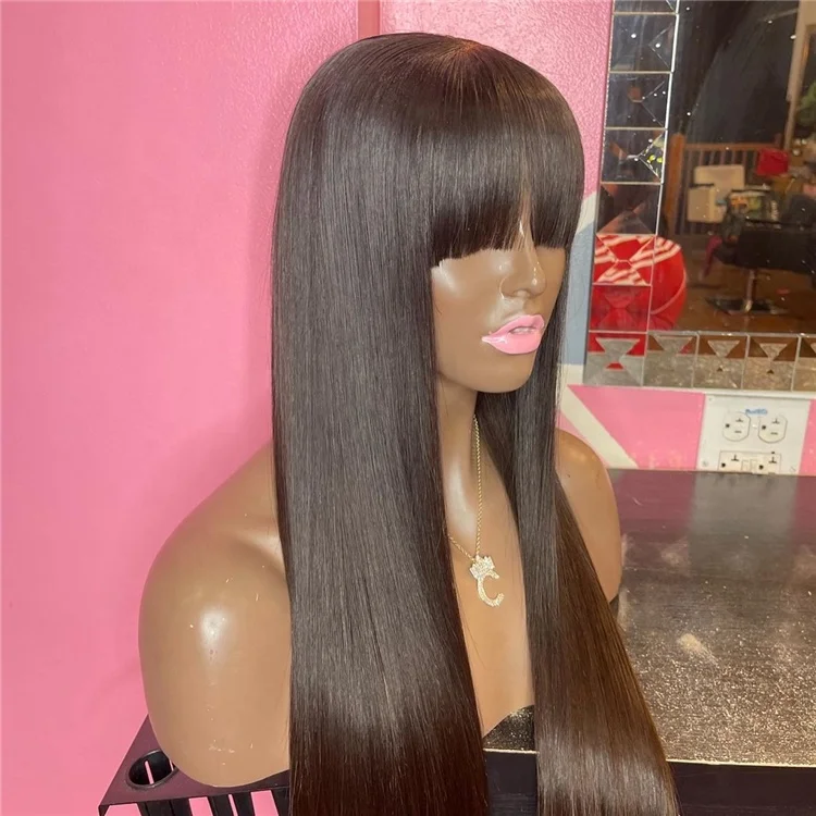 Straight Wig with Bangs Fringe Human Hair Wig with Bangs for Women Brazilian Remy Hair Glueless Full Machine Made Wig with Bang
