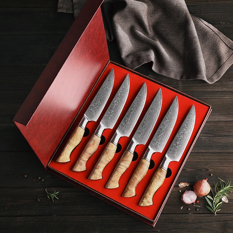High-end Restaurants Home Kitchen Japanese Damascus Steel 6 pcs Steak Knife set with Figured Sycamore wood handle