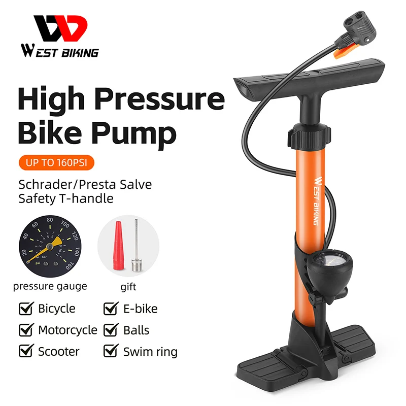 WEST BIKING Custom 160PSI High Pressure Bicycle Pump Valve Cycle Pump With Gauge Solid And Durable Stainless Steel Bike Pump