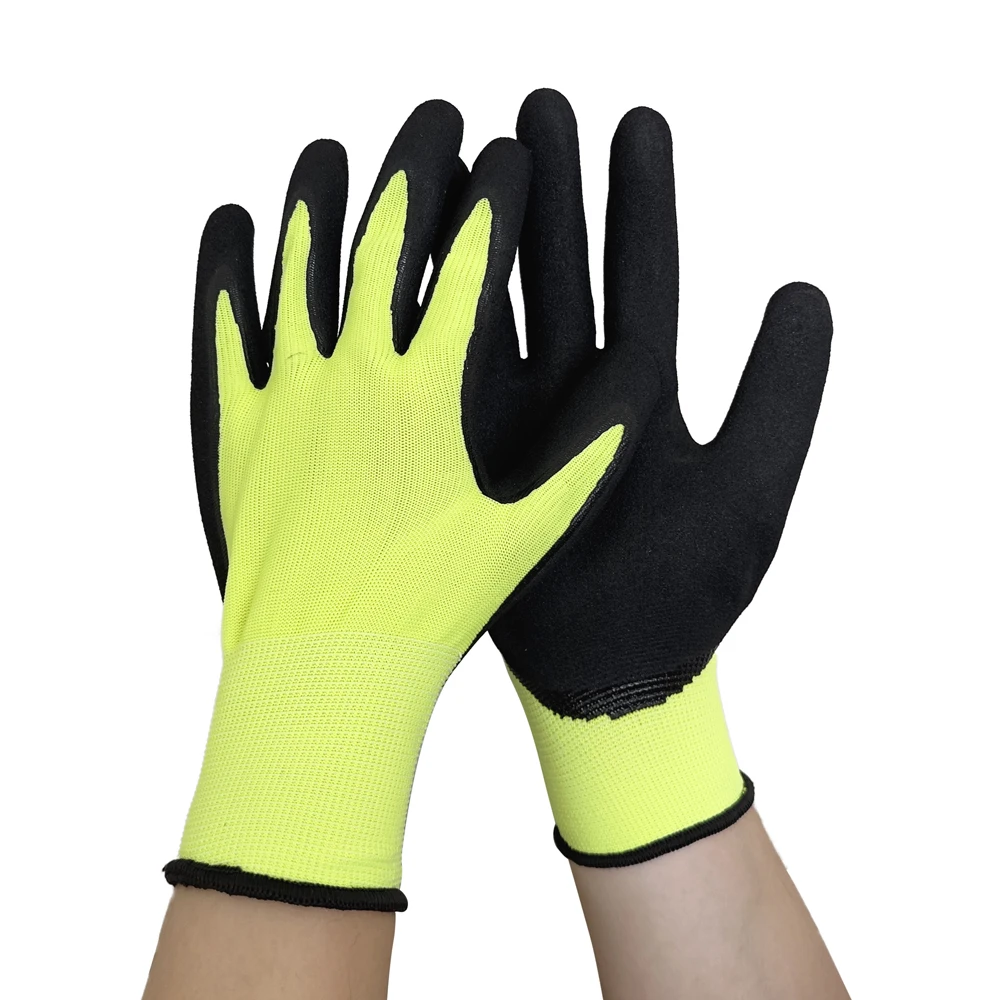 Cheap China 13G Hi-vis yellow polyester liner, black sandy nitrile palm coated gloves, double dipped Gloves For Industrial Use