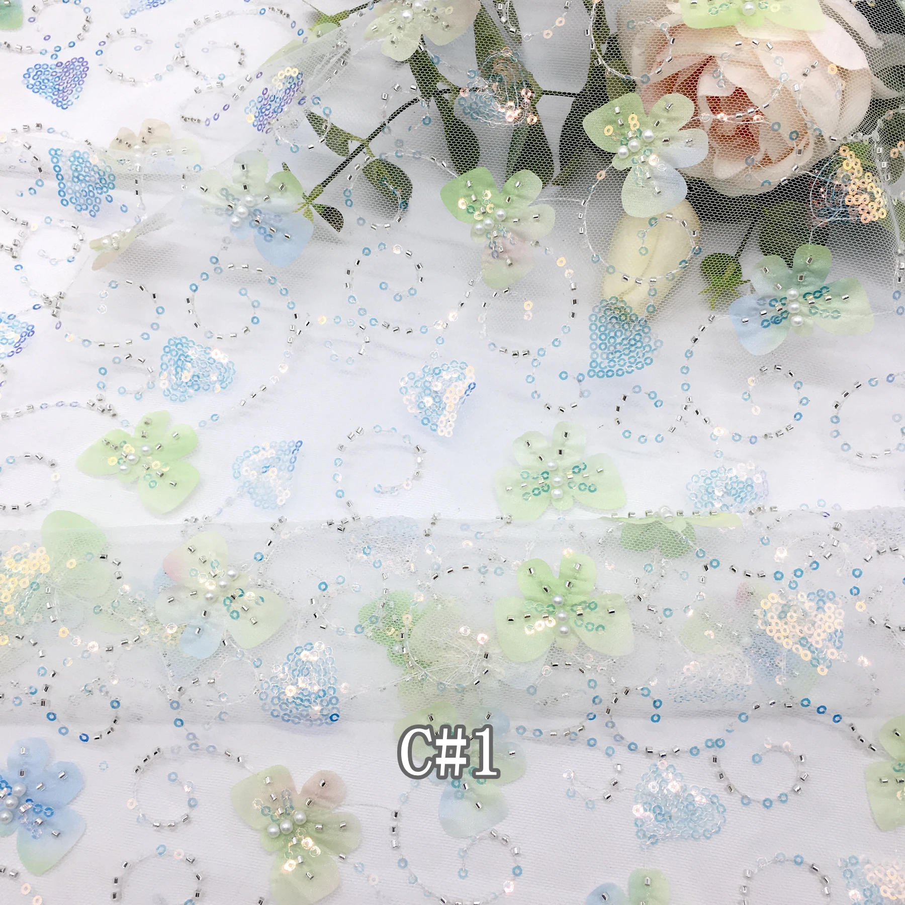Golden Supplier CR163 Laser Cut Flower Embroidery Tulle 3d Lace Fabric Soft Lace Sequin  beaded Embroidery  Fabric for Garments
