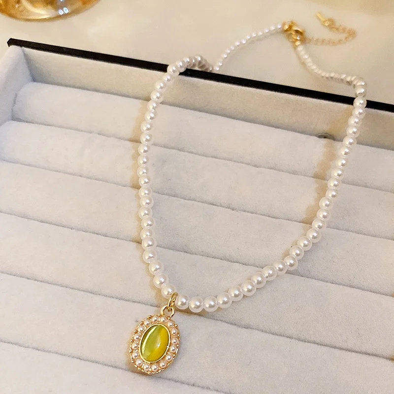 PDANY Luxury Jewelry Trend Hot Selling Pearl Necklaces Popular Vintage Necklaces Green Rihnstone Pearl Necklace For Women Girls