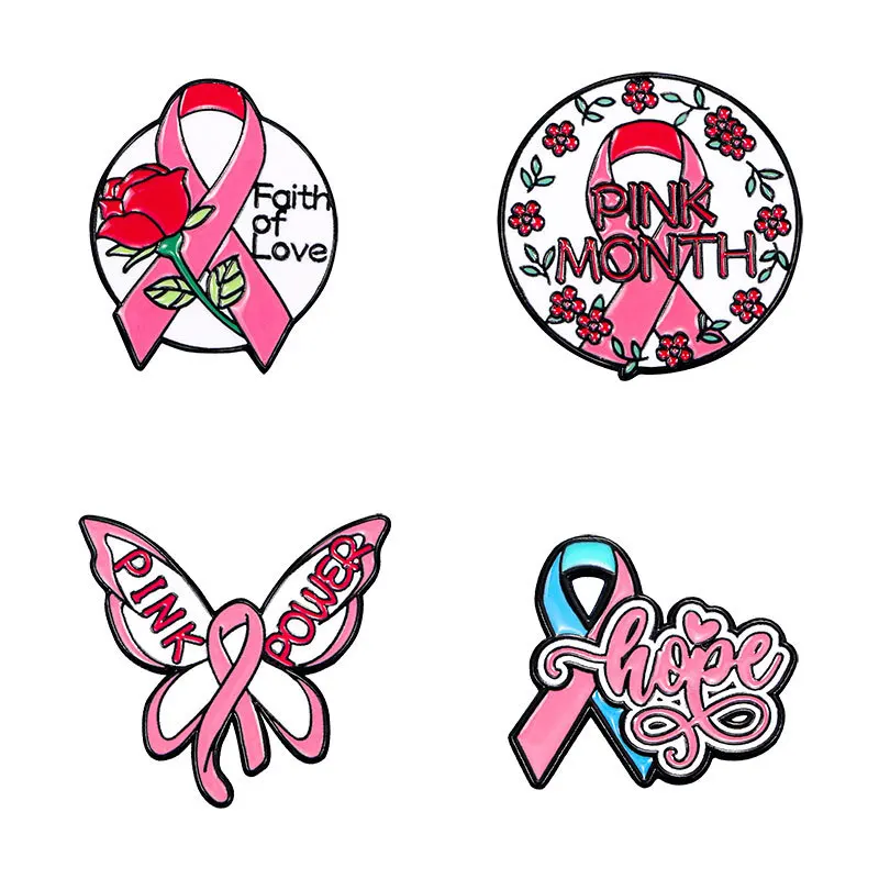 Hot Sale Pink Brooch Custom Cartoon flower Breast Cancer Awareness Lapel Pin Badges