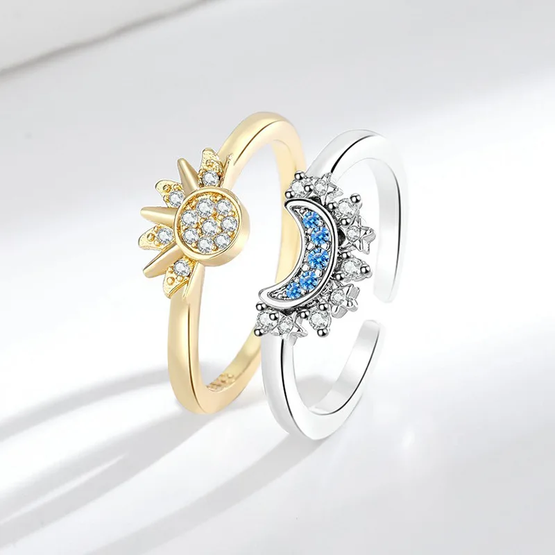 Personality simple design sense sun and moon overlapping ring female diamond sun and moon couple ring N2405187
