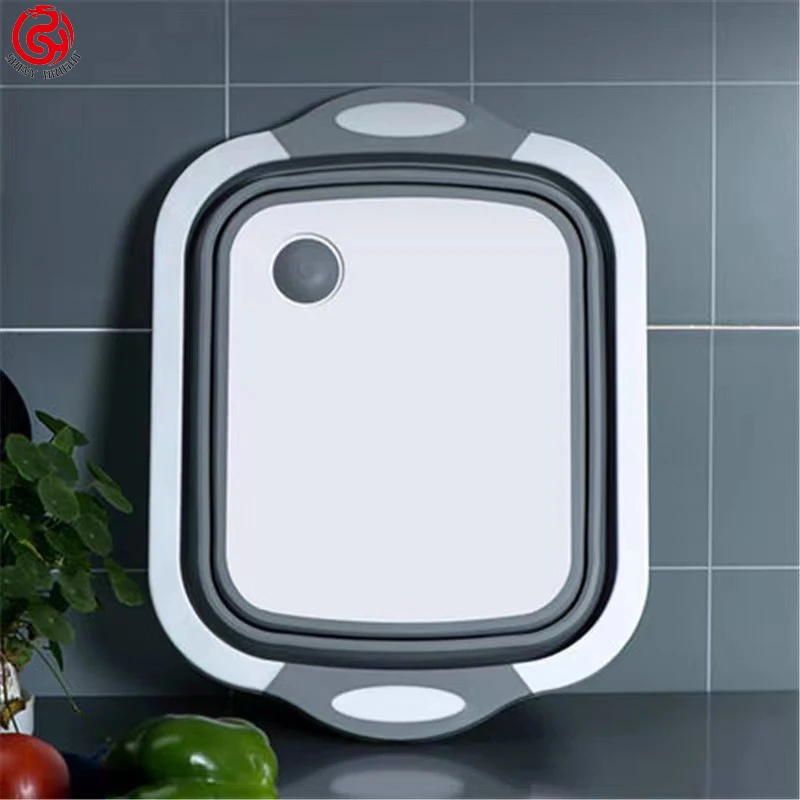 Multifunctional Silicone Sink Drainer Storage Basket Collapsible Foldable Cutting Chopping Board With Colander