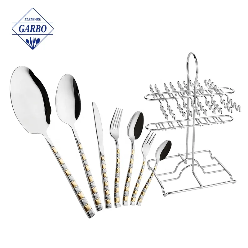 Middle East Egypt tableware 201 gold laser stainless steel spoon and fork 32pcs cutlery sets with hanging holder stand