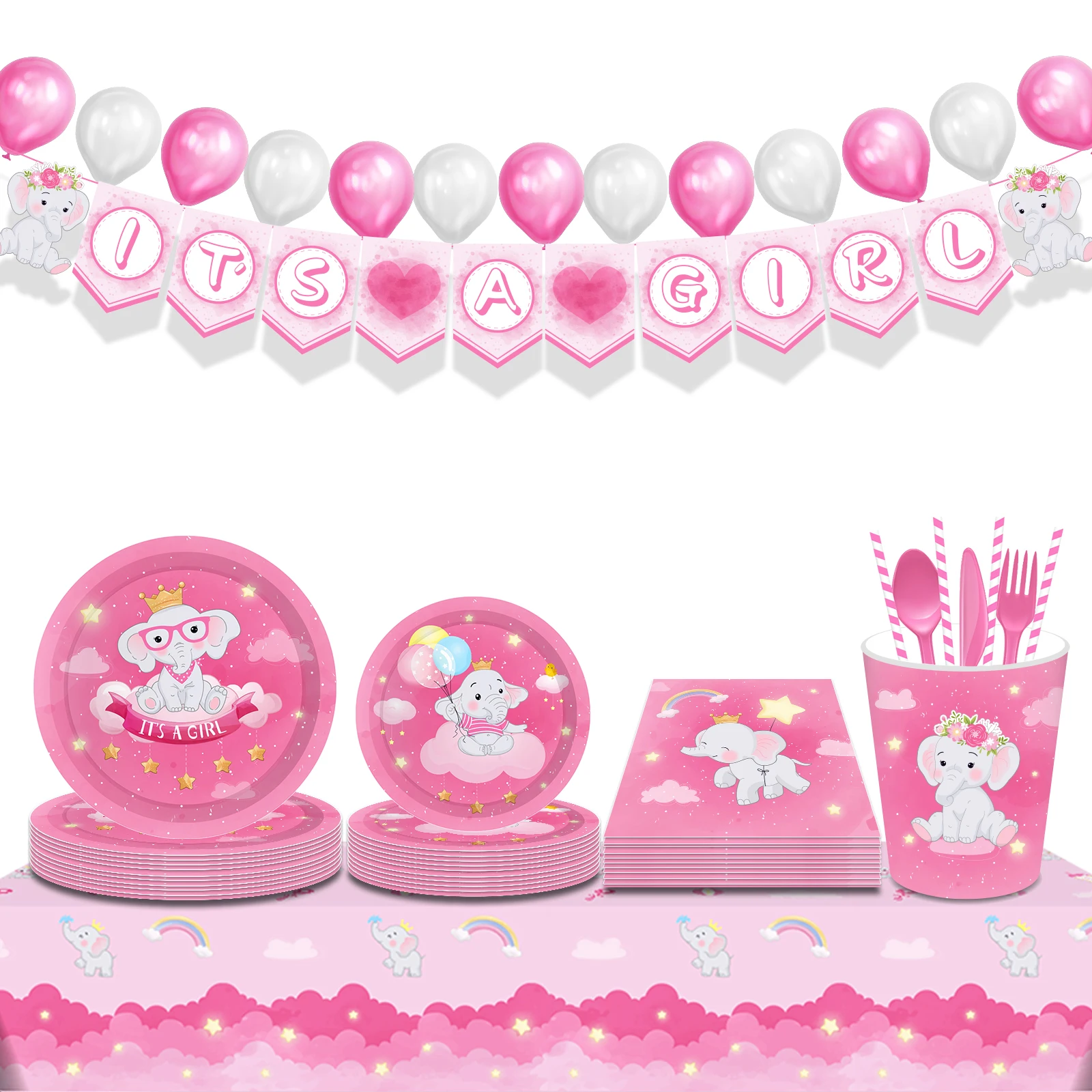 ZB123  Pink Color Elephant Pattern Party PE Disposable Tablecloth Plastic Table Cloth for Birthday Party Supplies