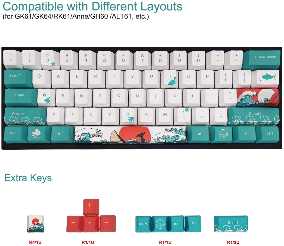 Custom OEM PBT Keycaps for GK61 RK61 60 Percent Mechanical Keyboards Coral Sea Keycaps