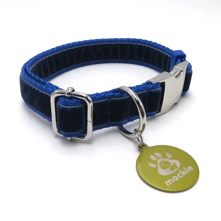 Dog Collar Custom Tag  Blue Nylon Velvet Dog Collar with Logo velvet Dog Collar and Leash Set