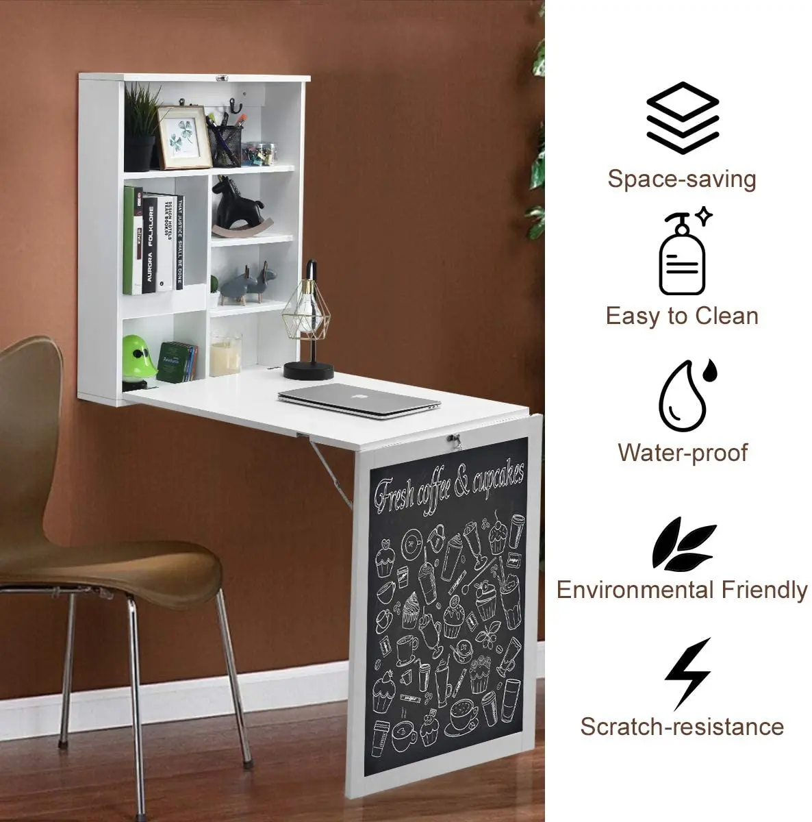 Wall Mounted Fold Out Writing Floating Computer Desk with storage