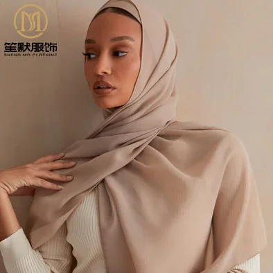 SHENGMO Thick Opaque Bubble Chiffon Hijab Spring Malaysian Turban Bulk Solid Color Scarves Muslim Hijab