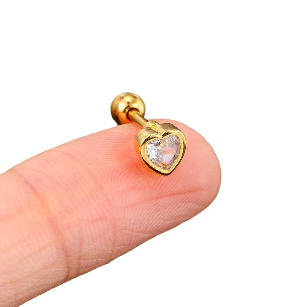 Hot Selling Helix Piercing Loving Heart Earring Women Trend Sliver Gold Color Zircon Tragus Bone Stud Ear Ring Body Chic Jewelry