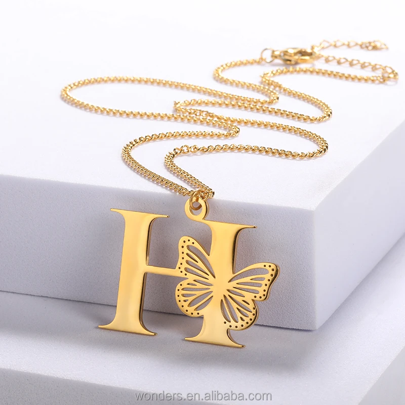 Inventory Stainless Steel Women Necklace Butterfly Initial Alphabets S M J Necklaces