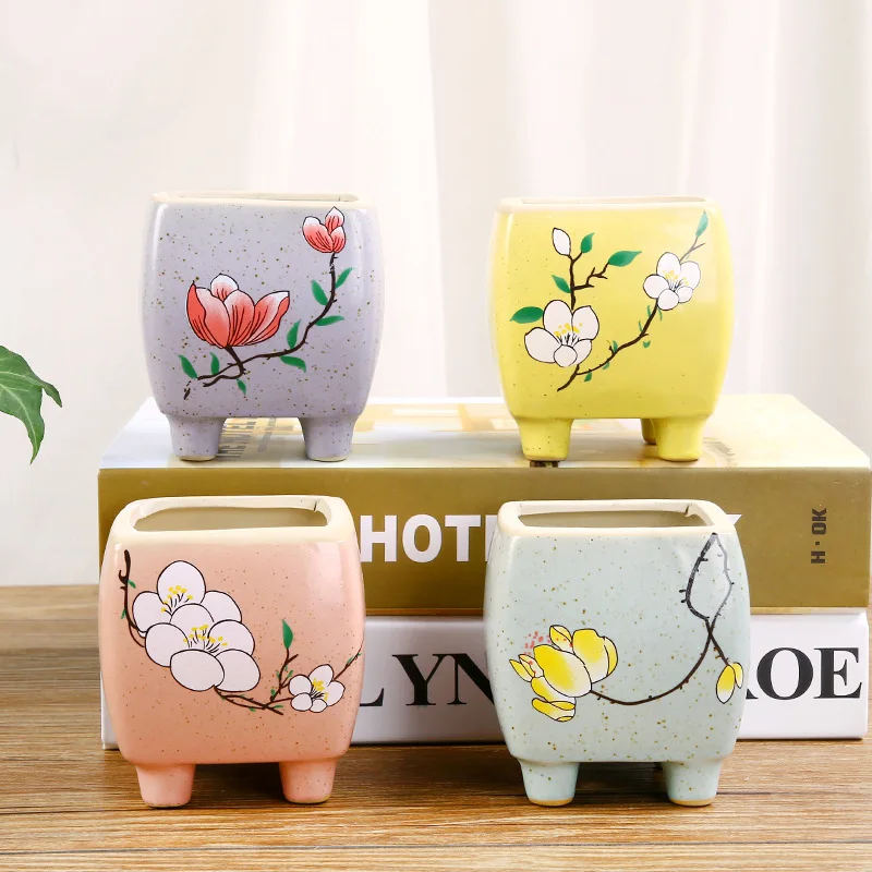 2023 Factory Square Ceramic Flower Pot Desktop Potted Simple Breathable Succulent Ceramic Flower Pot
