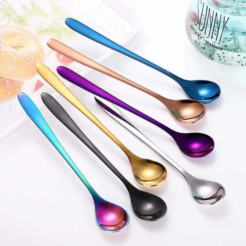 Customized Stainless Steel Rainbow Long Handle Coffee Spoon Dessert Spoon Cocktail Titanium Metal Spoon