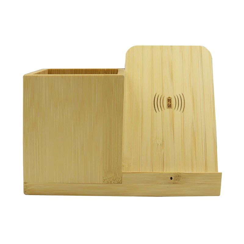 15W Wireless Charger Penholder Tunnel Custom LOGO Office Desktop Bamboo Pen Holder With Wireless Charger Pen Container Pen Case