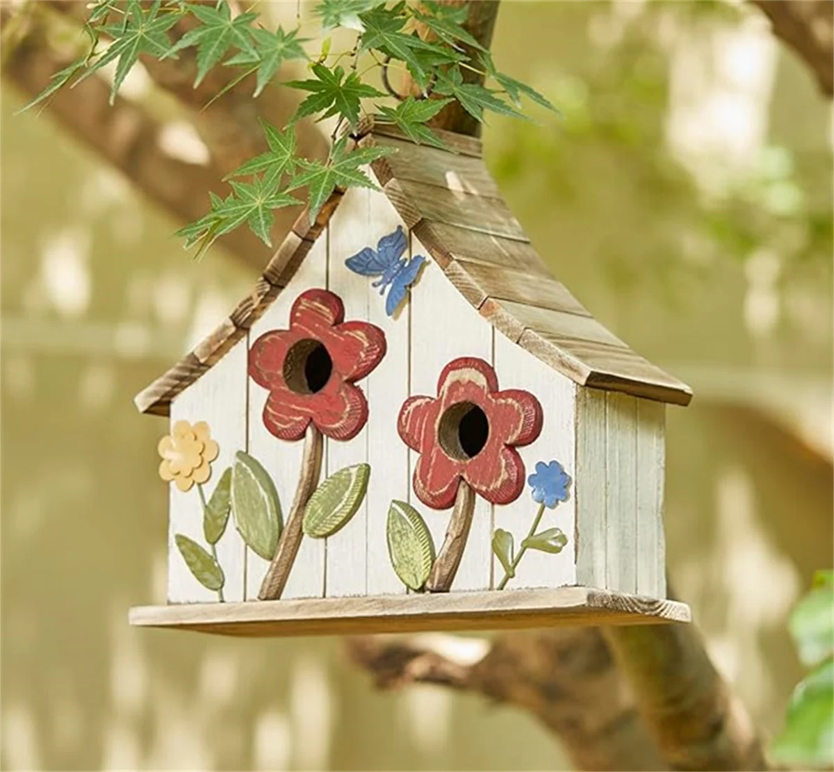 WILDMX Solid Wood Hanging Birdhouse with Flowers Rustic Two-Story Townhouse Hand-Painted Garden Bird Aviary Outdoor