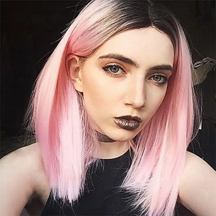 Short Straight Synthetic BOB Wig Fiber Lido Pink Synthetic Wig Ombre Color Synthetic Lace Front Wig For White Women