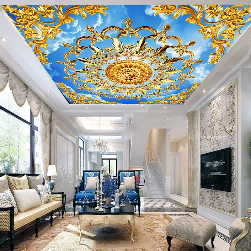 3d European Style Wall Mural Gold Plaster Line Carved Ceiling Wallpaper Sky 3d Wall Papers