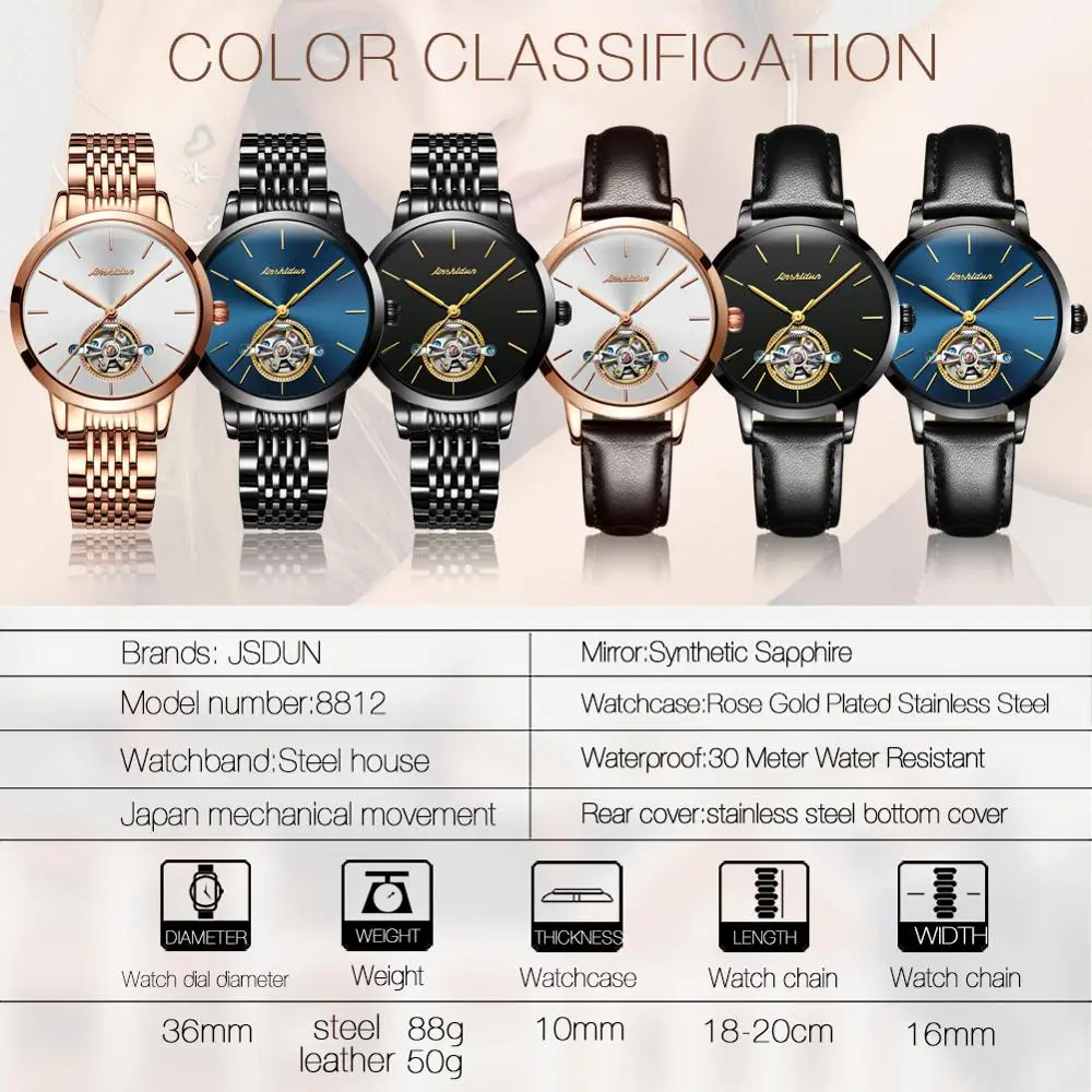
OEM JSDUN New Women Watches Fashion Tourbillon Luxury Skeleton Chronograph Ladies Automatic Mechanical Gold Wrist Watch 