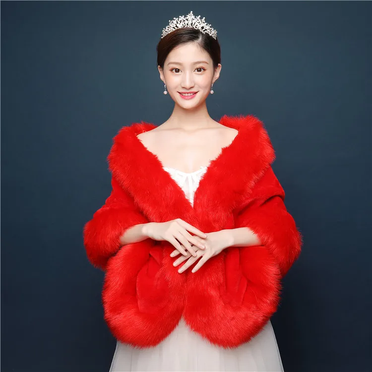 Bridal autumn winter capes party bridesmaid wedding warm faux fox fur winter poncho shawl