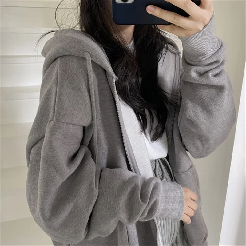 New arrival autumn ladies sweatshirt female solid color loose fashion zip up hoodies jogger top women casual thick coat