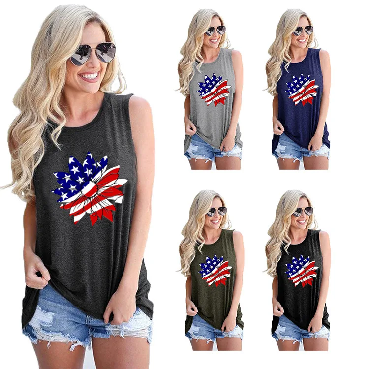 
Popular Women Casual Tank Top Sleeveless Sunflower American Flag Print Top Blouse 