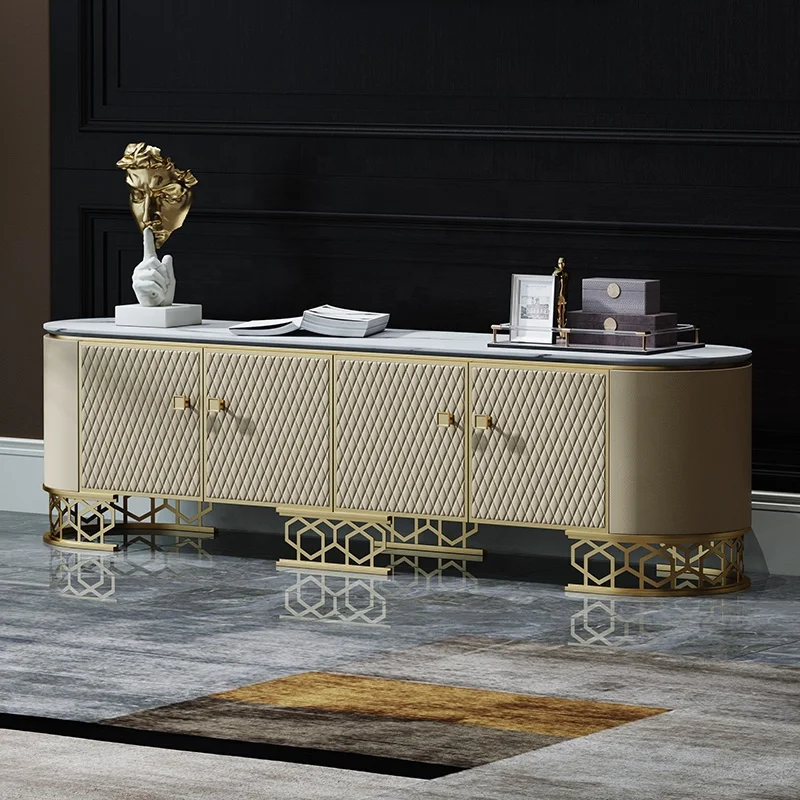 Кожаный ТВ-стол для гостиной мебель телевизора кофейный столик с искусственным мрамором рамка из нержавеющей