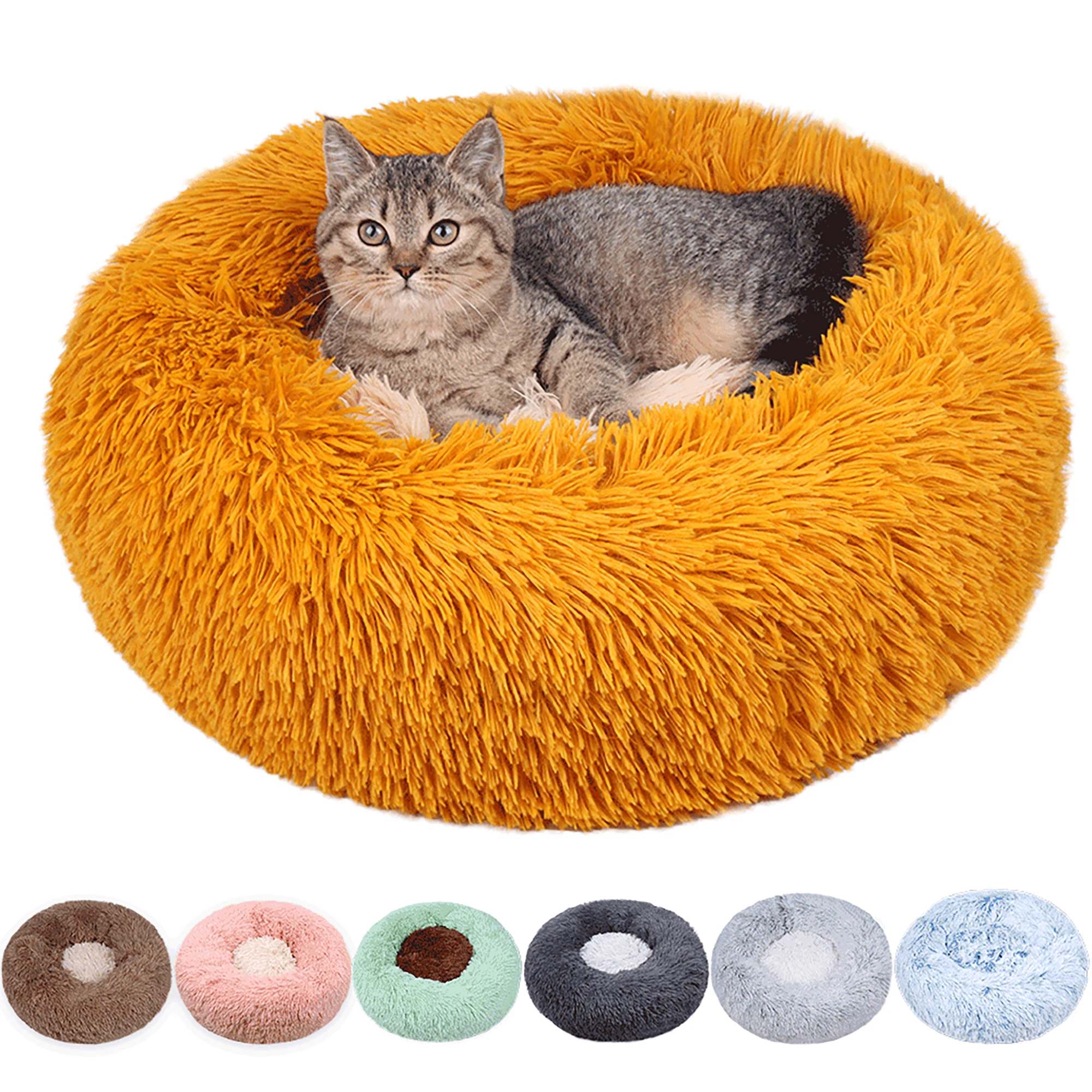 Pet Beds Custom Logo Large Comfortable Foldable Fluffy Soft Luxury Round cat beds for  indoor cats
