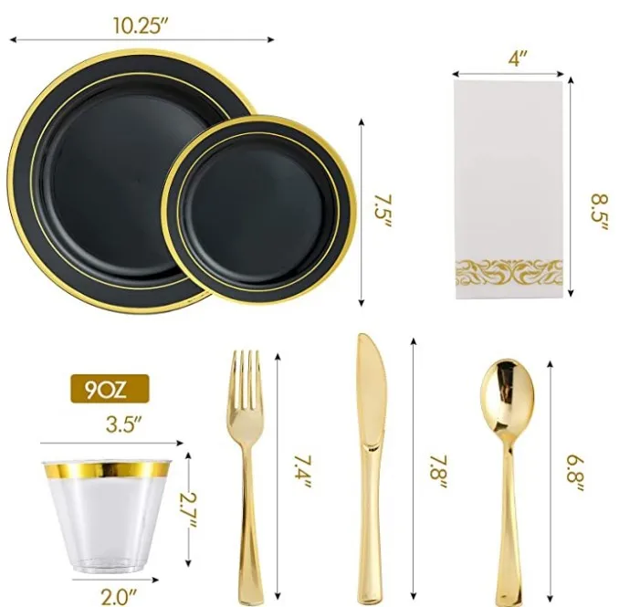 Gold Cups & Plastic Plates & Disposable Goldware, Luxury Dinnerware Set
