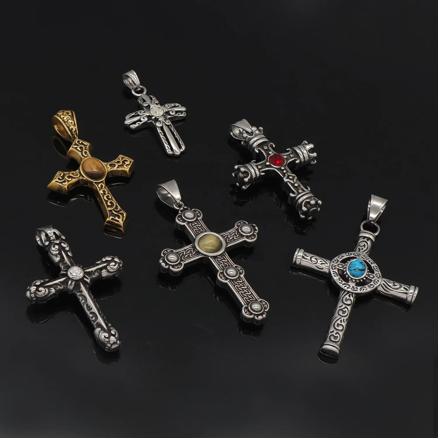 Custom Fashion Jewelry gold plated Prayer Crucifix necklace pendant charms DIY natural stone stainless steel cross Pendant