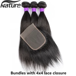 NatureHERE Kinky Straight Bundles With Closure Yaki 8A Human Hair Extension Brazilian Hair Weave Bundles With Closure Remy Hair