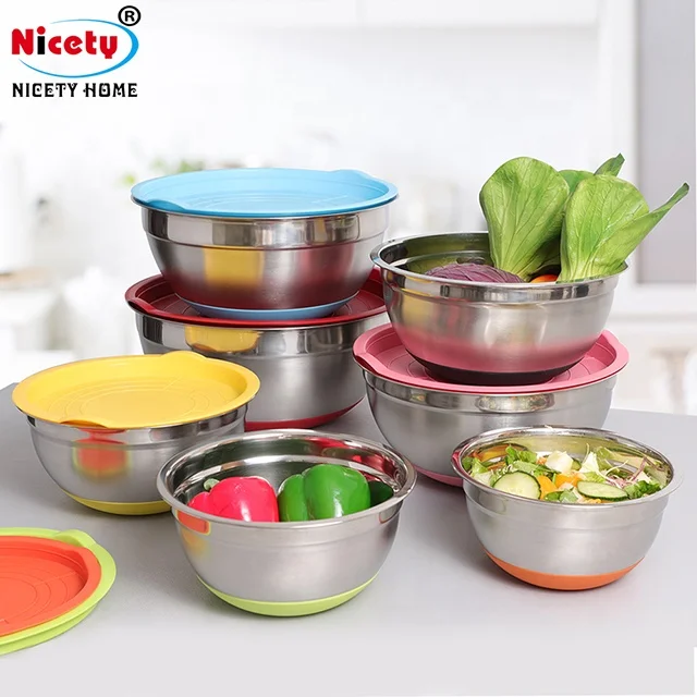 7 pcs set stainless steel 18/10 colorful mixing bowl bottom with silicone anti-slip bowl fruit salad bowl