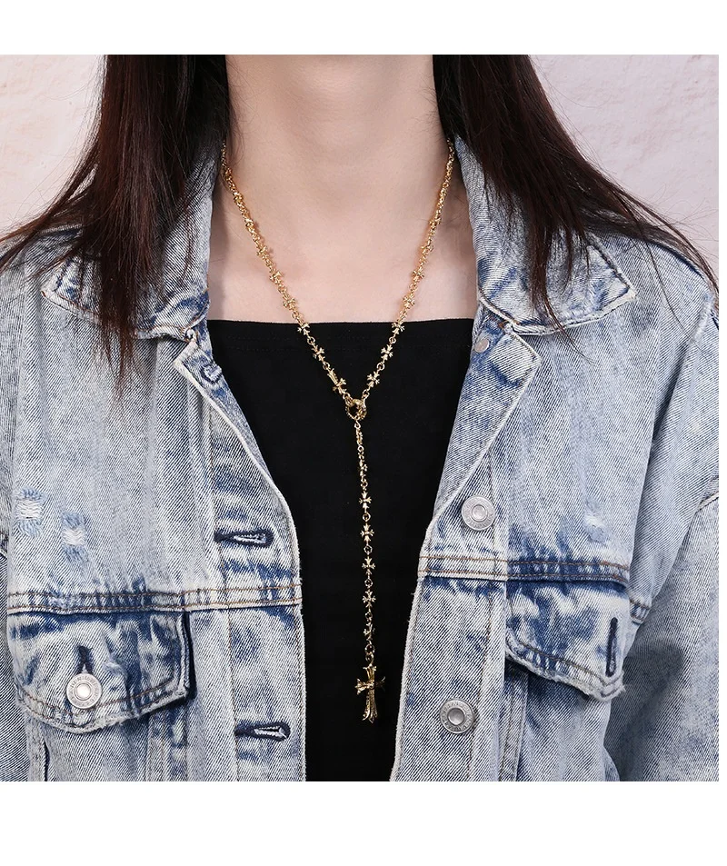 Vintage Punk Adjustable Push-Pull Gold Silver Plated Gothic Brass Cross Pendant Necklace for Men and Women