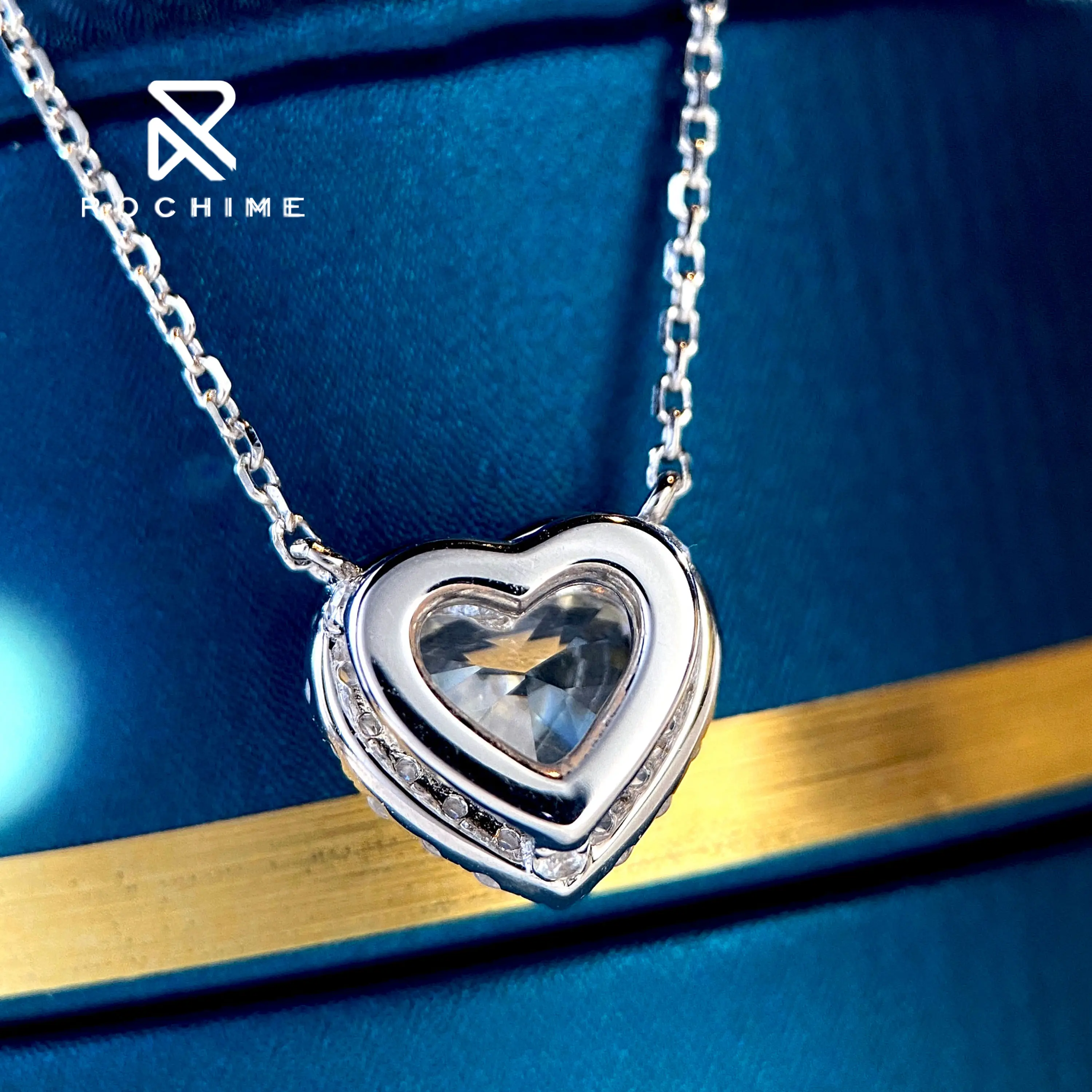 Rochime halo sweet pendant heart necklace  s925 silver gold plated 5a zircon jewelry for women