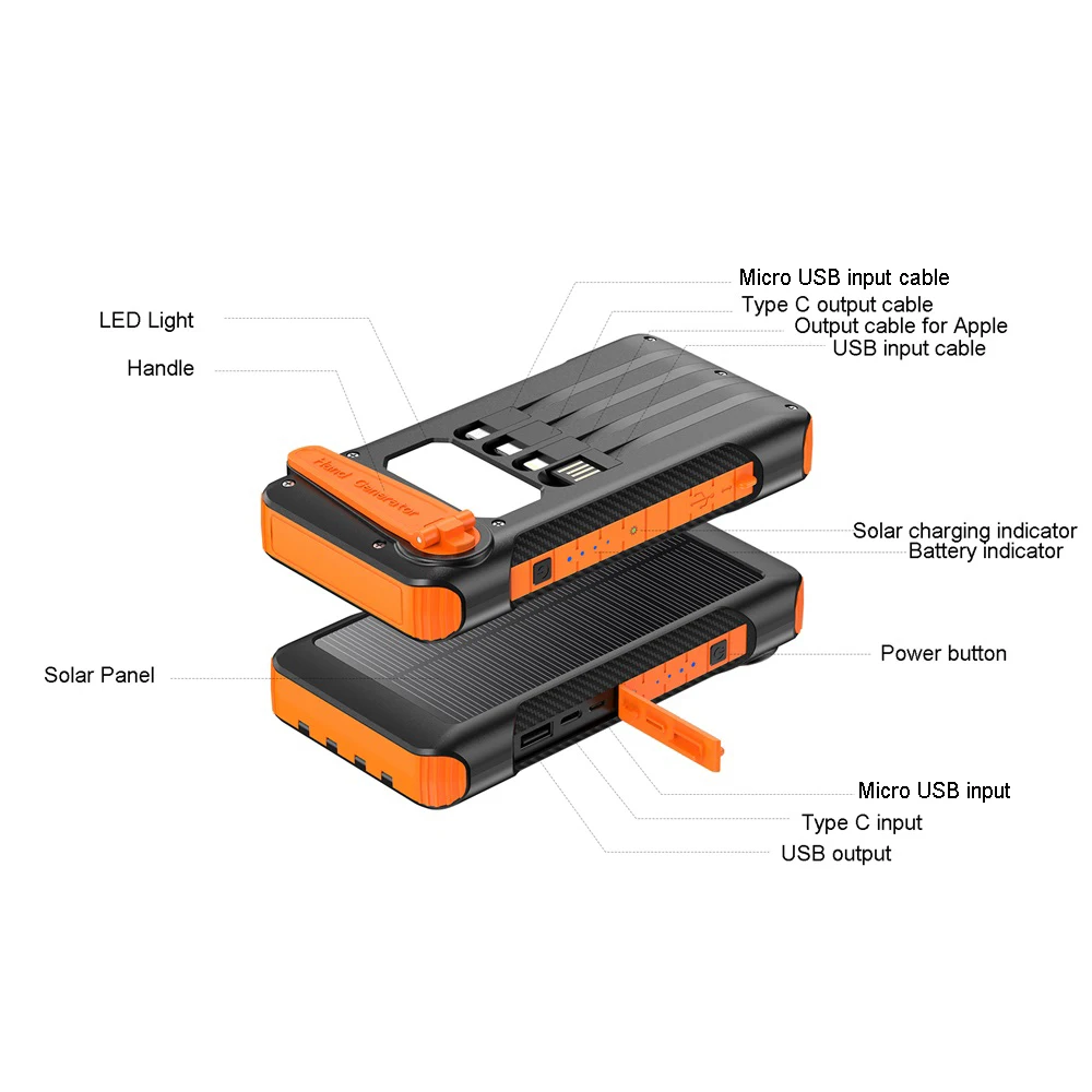 Hand cranked Solar Power Bank 10000mAh External Battery Pack Portable Charger with Micro Type C Cables