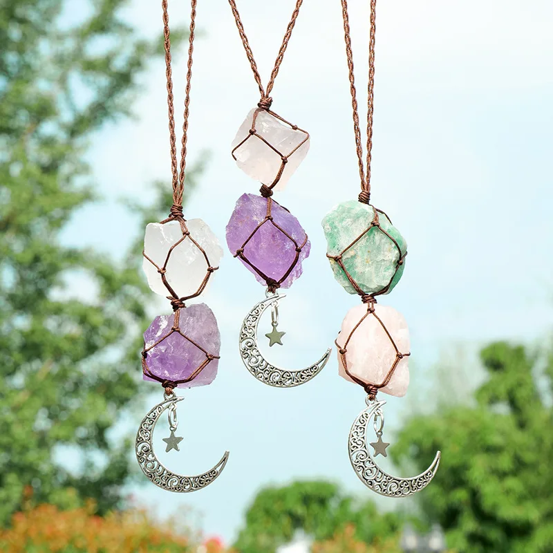Natural Handmade Moon Amethyst Raw Stone Healing Crystals Gemstone Hanging Car Rear View Mirror Ornament